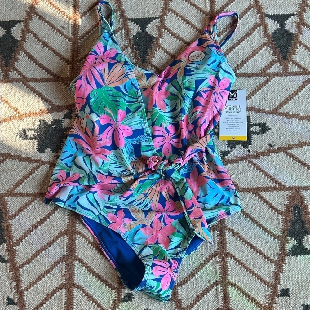 Vibrant Floral One Piece faux wrap  Swimsuit Women’s medium new w tags